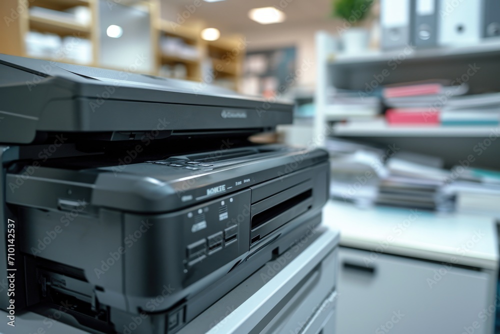 Poster a stack of printers sitting on top of each other. perfect for office or technology-related designs