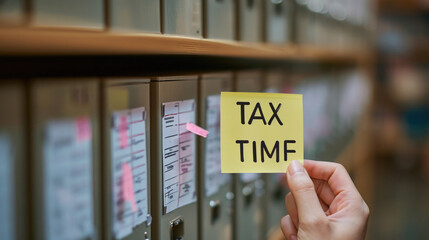 Close-up of a hand holding a "TAX TIME" sticky note in front of an office generative ai