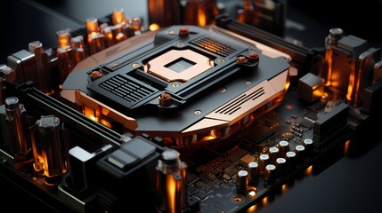 A top view of a CPU with a large heat sink and multiple heat pipes, ensuring efficient heat dissipation - obrazy, fototapety, plakaty
