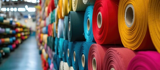 Industrial cotton fabric rolls for clothing manufacturing on machines. - obrazy, fototapety, plakaty