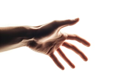 Close-up of a hand with extended fingers, catching the light, isolated white background generative ai