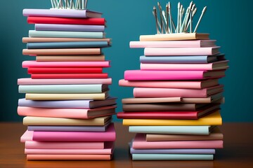 Well-composed image showcasing school textbooks and paper clips on a pastel pink desk