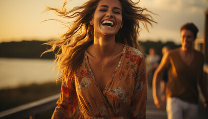 Young women smiling, enjoying outdoors, carefree and happy generated by AI