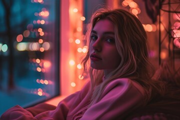 Close up photo of blond woman in cozy pastel colored clothing sitting on the sofa near the big window with night lighting view and futuristic atmosphere