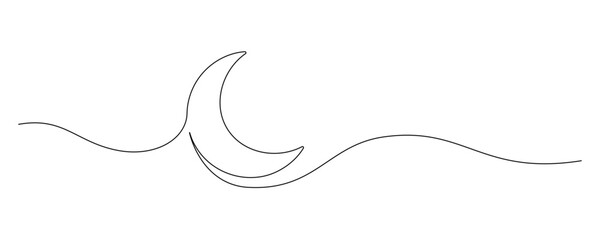 One continuous line drawing of Moon. Ramadan Kareem banner in simple linear style. Sleep symbol with crescent in Editable stroke. Doodle outline vector illustration - obrazy, fototapety, plakaty
