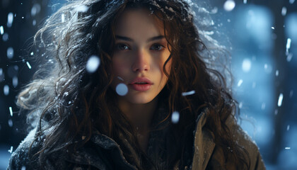 Young woman smiling in the snow, looking fashionable generated by AI