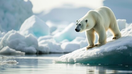 Arctic white bears fleeing during melting glaciers. Global warming leads to environmental problem