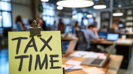 Close-up photo of a "TAX TIME" sticky note on a desk in a busy office room, with people working in the background generative ai