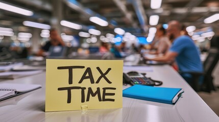 Close-up photo of a "TAX TIME" sticky note on a desk in a busy office room, with people working in the background generative ai