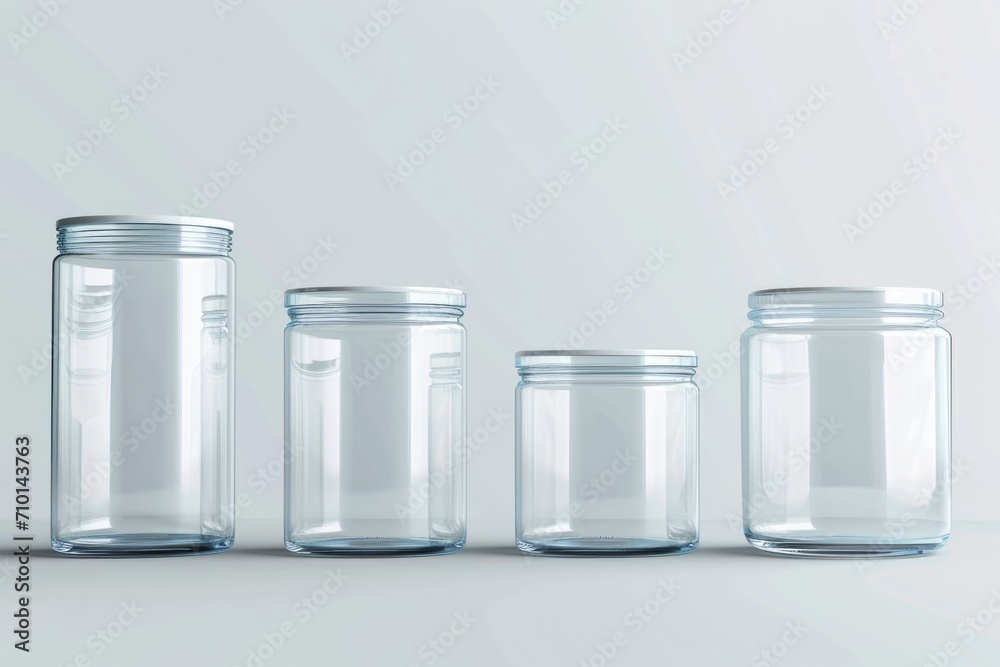Poster A row of empty glass jars with lids. Perfect for storing food or organizing small items. Ideal for kitchen, pantry, or craft room use