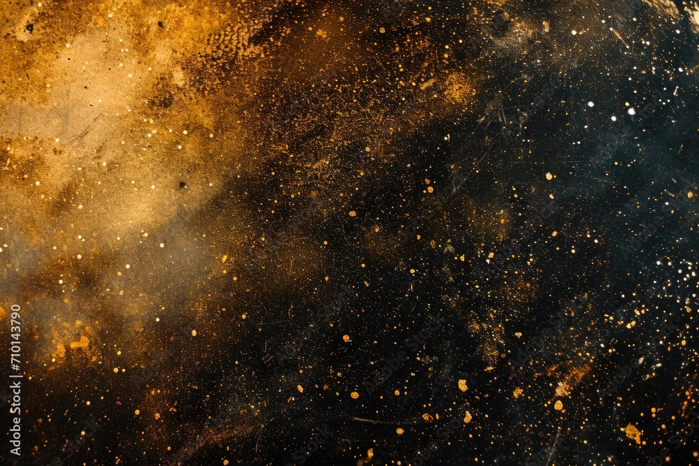 Poster A close-up view of a black and gold dust cloud. Perfect for adding a touch of elegance and mystery to your designs