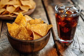 Nachos chips and cola drink on wooden table. National Tortilla Chip Day concept, 24 February.	
