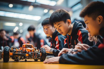 A dynamic shot of students engaged in a robotics competition, illustrating the tech-savvy and innovative mindset of today's youth. - obrazy, fototapety, plakaty
