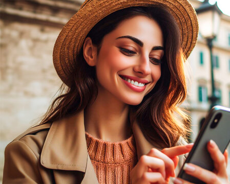 Mujer alegre mandando mensaje de texto por el celular