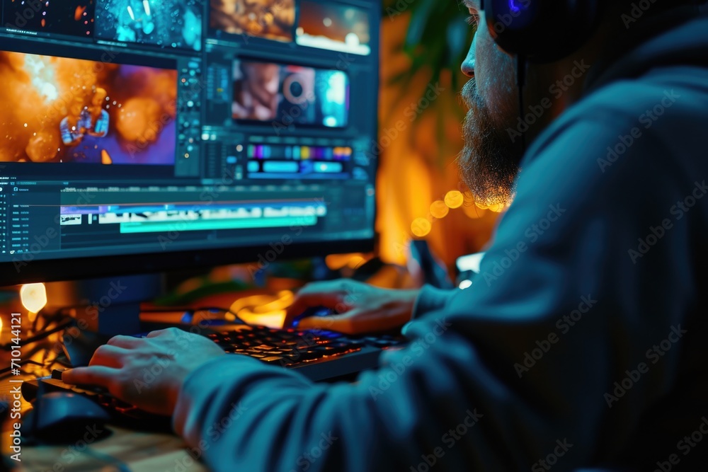 Poster a man sitting in front of a computer wearing headphones. ideal for illustrating technology, remote w