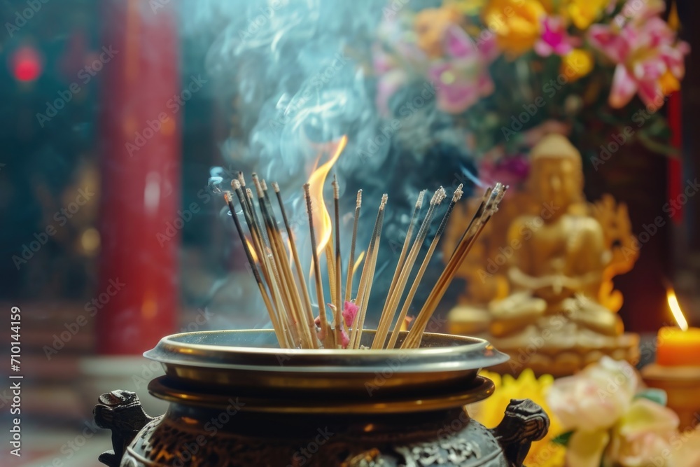 Aufkleber Incense sticks placed in a metal bowl with a candle in the background. Perfect for creating a soothing atmosphere or for spiritual practices