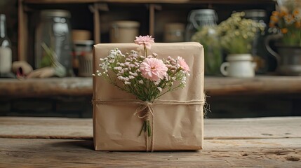 Naklejka na ściany i meble Gift Wrapped in Brown Paper with Rustic Decoration. Generative AI 