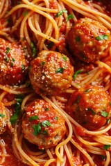 A delicious plate of spaghetti and meatballs with a savory sauce. Perfect for Italian cuisine or comfort food concepts - obrazy, fototapety, plakaty