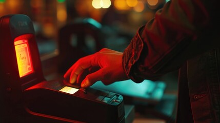 A person using a parking meter at night. Suitable for urban scenes and transportation-related content - Powered by Adobe