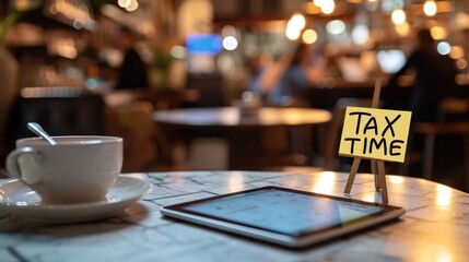 Close-up photo of a "TAX TIME" sticky note on a tablet in a coffee shop generative ai