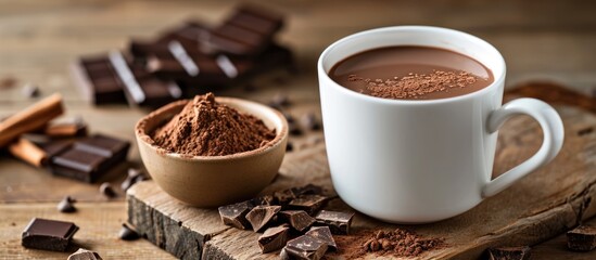 Front view of hot chocolate in a white mug with cocoa powder and pieces in a bowl on a wooden table, isolated on a white background.