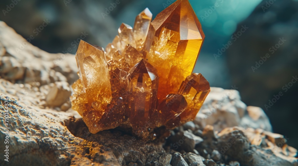 Poster a close-up view of a cluster of crystals on a rock. perfect for nature enthusiasts and geology lover