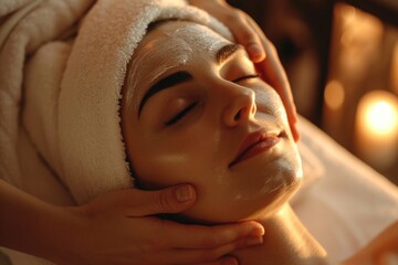 Woman receiving a facial mask treatment at a spa. Ideal for beauty and wellness concepts