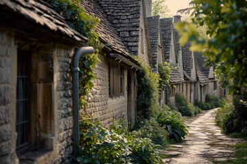 A picturesque narrow street surrounded by charming stone buildings and lined with beautiful trees. Perfect for adding a touch of old-world charm to any project or design