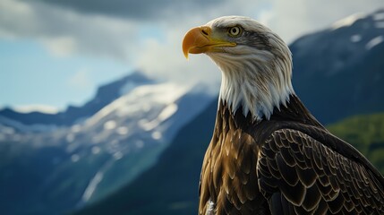 Fototapeta premium Bald Eagle Standing in Front of Mountain Range