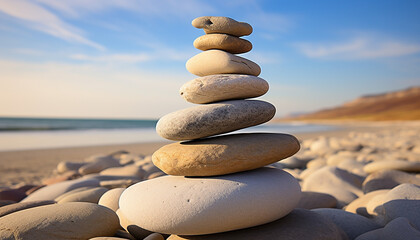 Stacked rocks symbolize harmony and tranquility in nature generated by AI