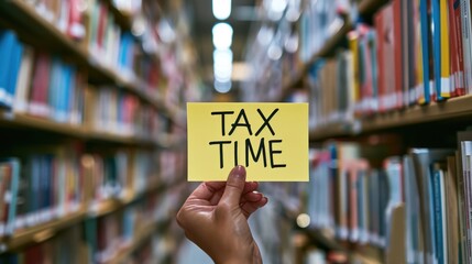 Close-up shot of a hand holding a "TAX TIME" sticky note in a library with books in the background generative ai