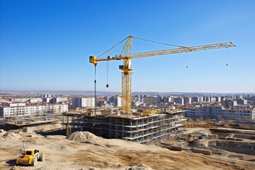 Fototapeta na wymiar Step-by-step building construction process with powerful cranes and skilled workers