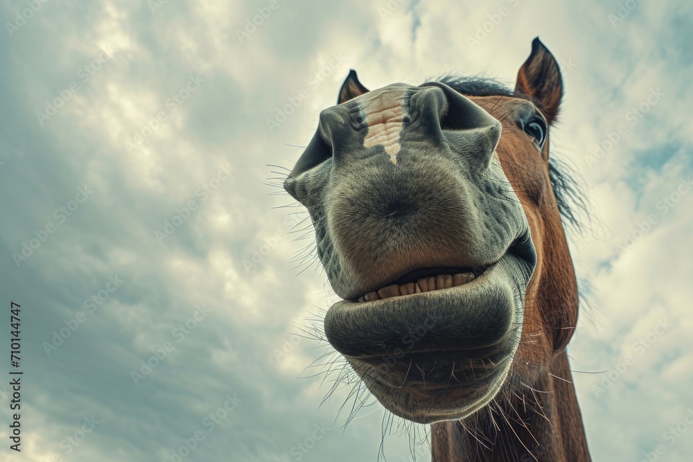 Poster A close-up shot of a horse's face with a dramatic cloudy sky in the background. Perfect for adding a touch of nature and serenity to your designs