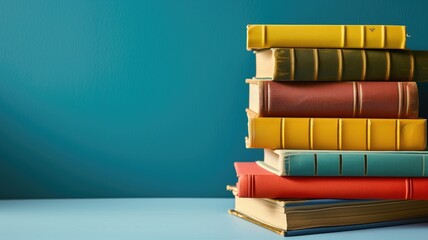 Stack of colorful books on a blue background