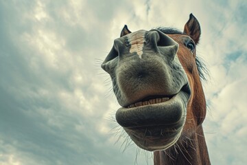 A close-up shot of a horse's face with a dramatic cloudy sky in the background. Perfect for adding a touch of nature and serenity to your designs - Powered by Adobe