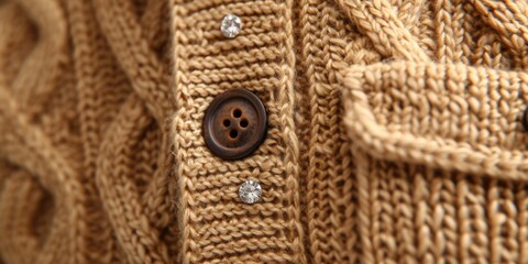 A detailed close-up of a button on a sweater. This image can be used to showcase the intricate design and craftsmanship of the button.