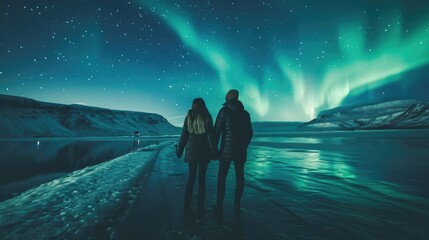 Couple facing away, hand in hand, observing the breathtaking beauty of the Northern Lights in a wilderness setting generative ai - obrazy, fototapety, plakaty
