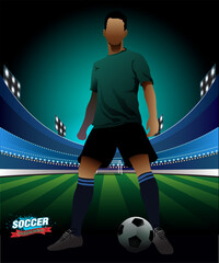 soccer player with ball on green background