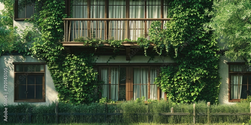 Aufkleber a building adorned with a variety of plants growing on its side. can be used to depict urban greener