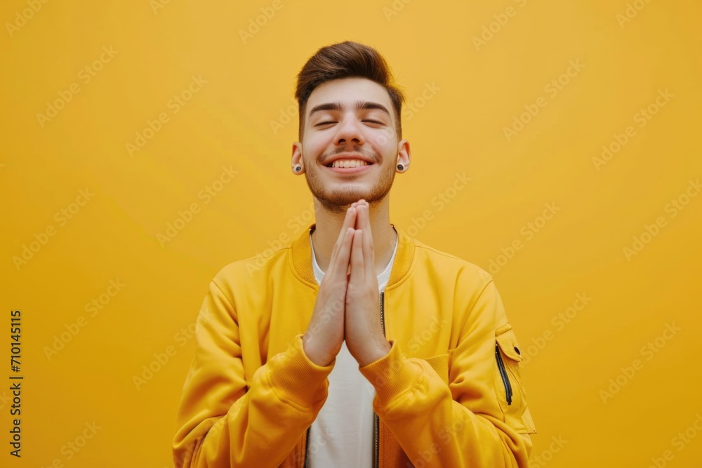 Canvas Prints A young man wearing a yellow jacket with a cheerful smile. Suitable for various uses