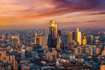 Elevated, panoramic view of the urban skyline of the skyscrapers at the City of London during a...