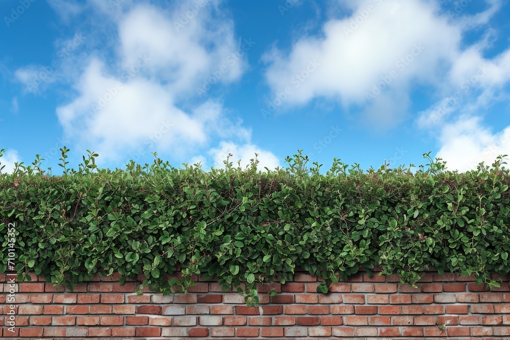 Poster a picture of a brick wall with a hedge growing over it. suitable for architectural or landscaping co