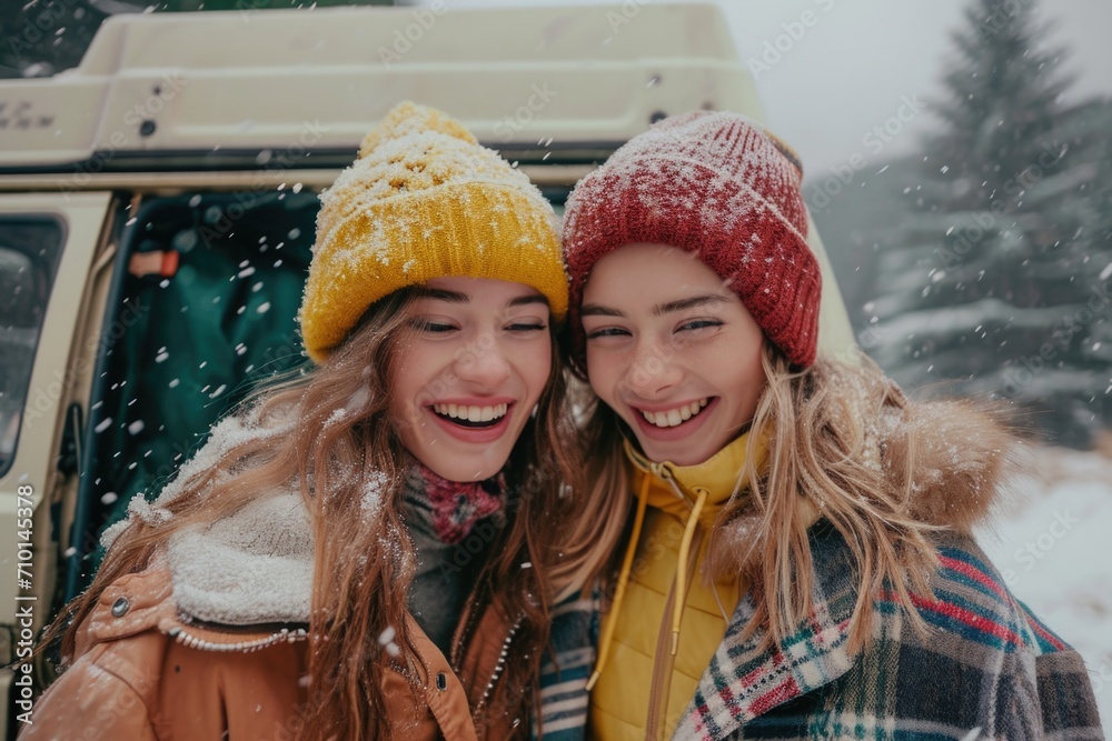 Canvas Prints Two women standing next to each other in the snow. Suitable for winter-themed projects and outdoor activities