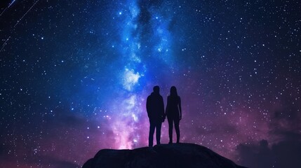 silhouette of a couple with their backs turned, standing on top of a hill, witnessing the beauty of a meteor shower in the night sky generative ai - obrazy, fototapety, plakaty