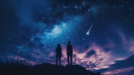 Naklejka na ściany i meble silhouette of a couple with their backs turned, standing on top of a hill, witnessing the beauty of a meteor shower in the night sky generative ai