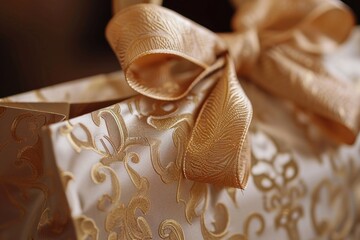 A detailed view of a gift box with a beautifully tied bow. Perfect for any occasion or celebration