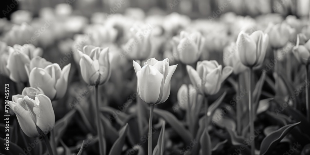 Poster A black and white photo capturing a field of tulips. This versatile image can be used for various purposes