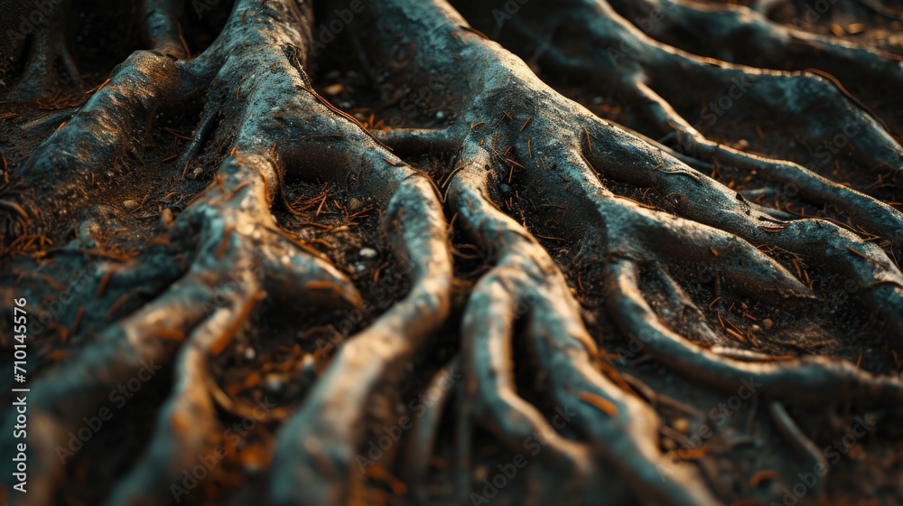 Poster A detailed view of a tree with its roots fully exposed. This image can be used to depict the strength and resilience of nature.