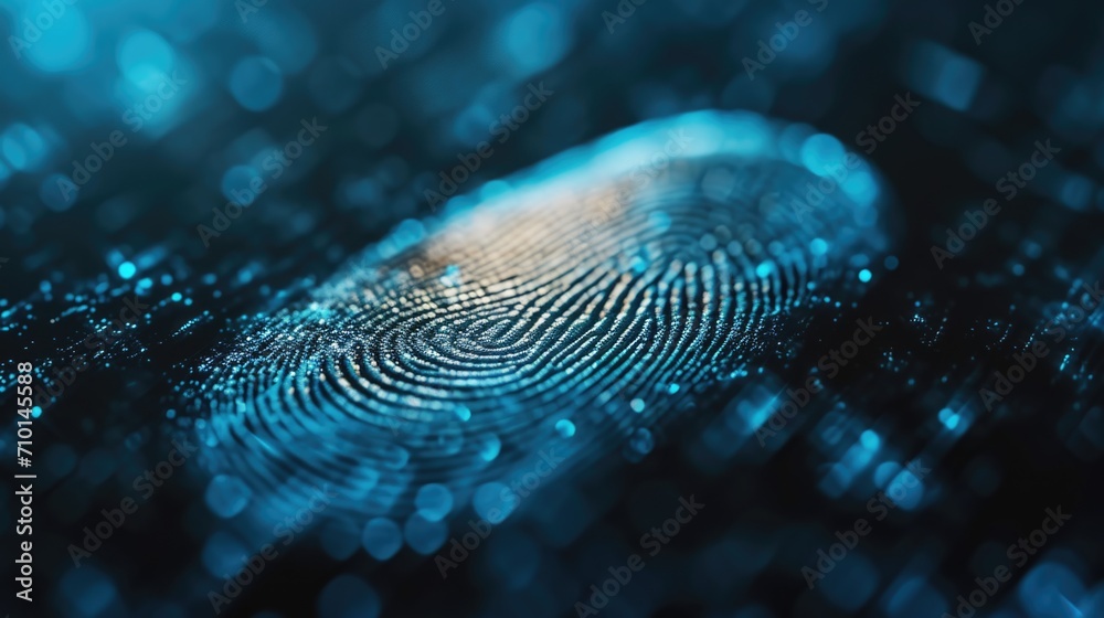 Poster A single fingerprint is displayed on a vibrant blue background. This image can be used in various contexts