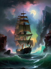 Ship, sea, storm, sails, rocks_1.